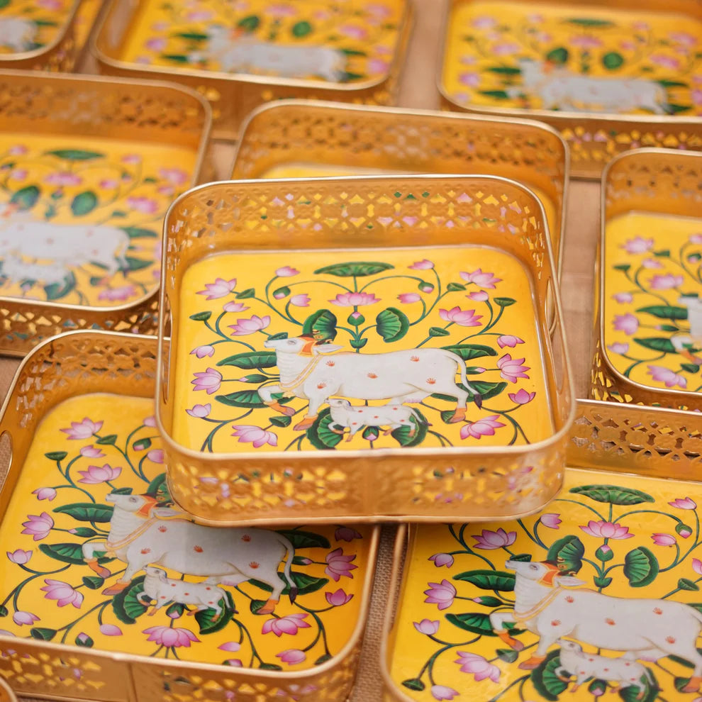Golden Color Pichwai Tray 8 inches - Square (assorted)