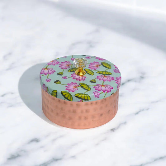 Copper Color box with printed Lid with crystal stone