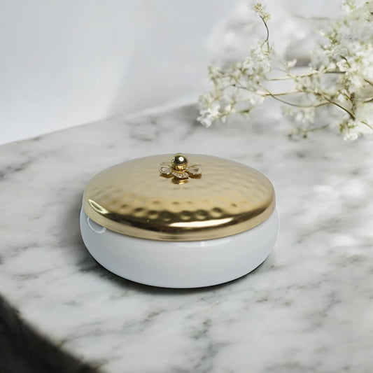 White colored metal bowl with gold colored lid - 5 inch