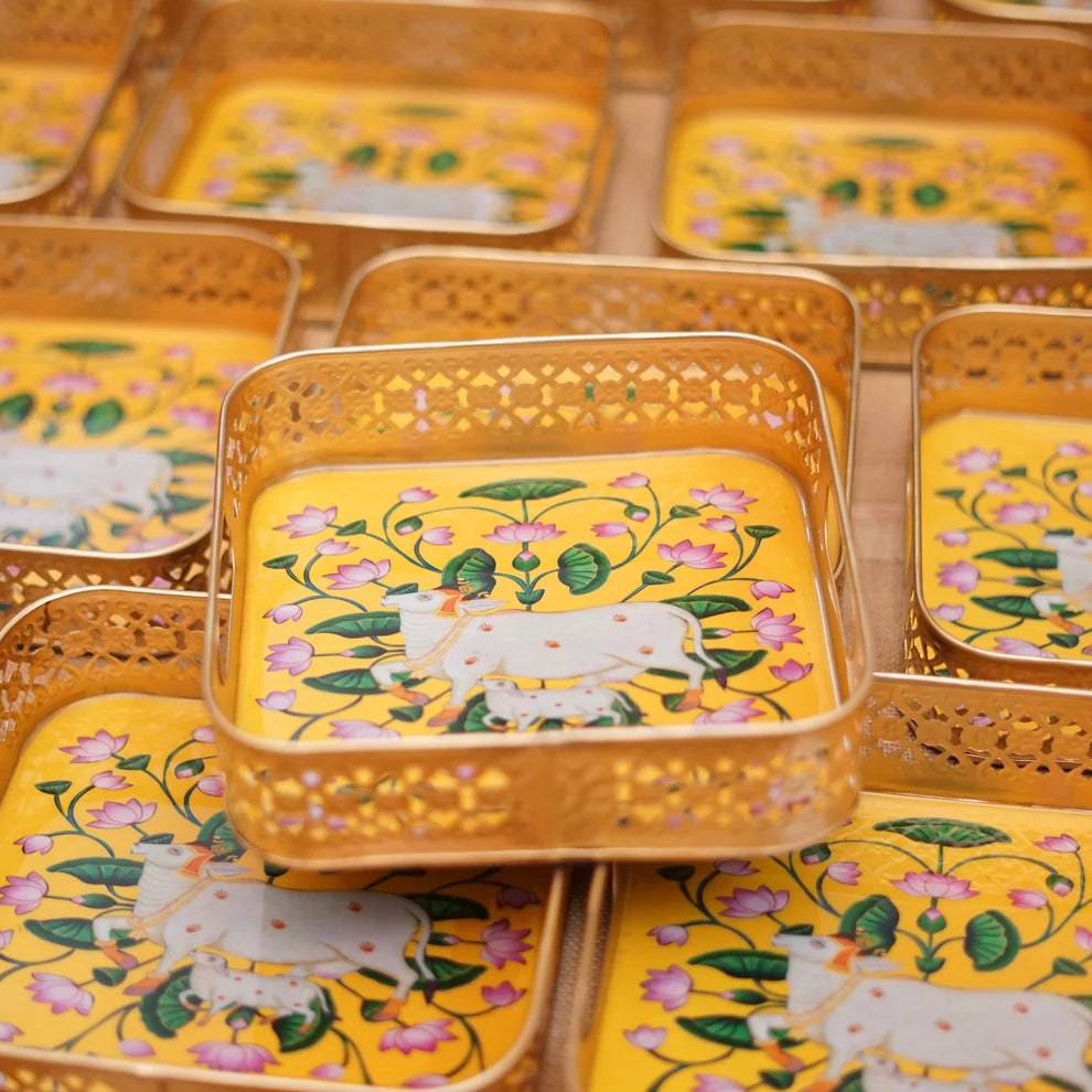 Golden Color Pichwai Tray 8 inches - Square (assorted)