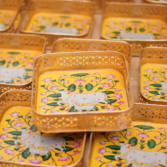 Golden Color Pichwai Tray 8 inches - Square (assorted)