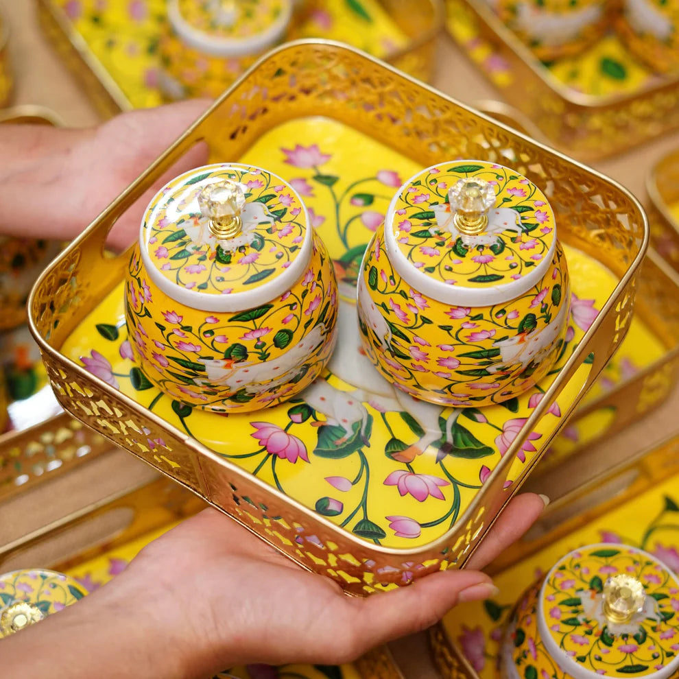 Golden Color Pichwai Tray 8 inch - Square with two matching jars and kumkum holder (Assorted