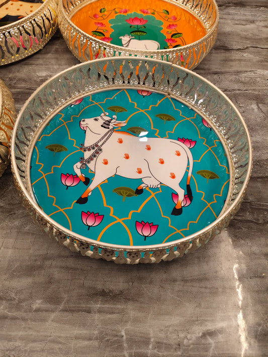 Silver Color Pichwai Tray 8 inches - Circle (assorted)