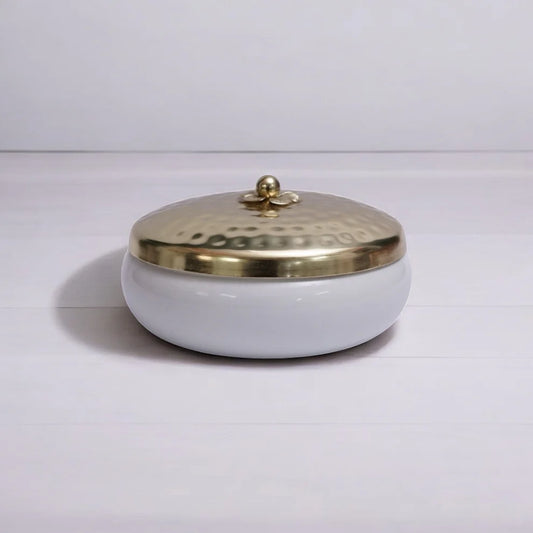 White colored metal bowl with gold colored lid - 5 inch