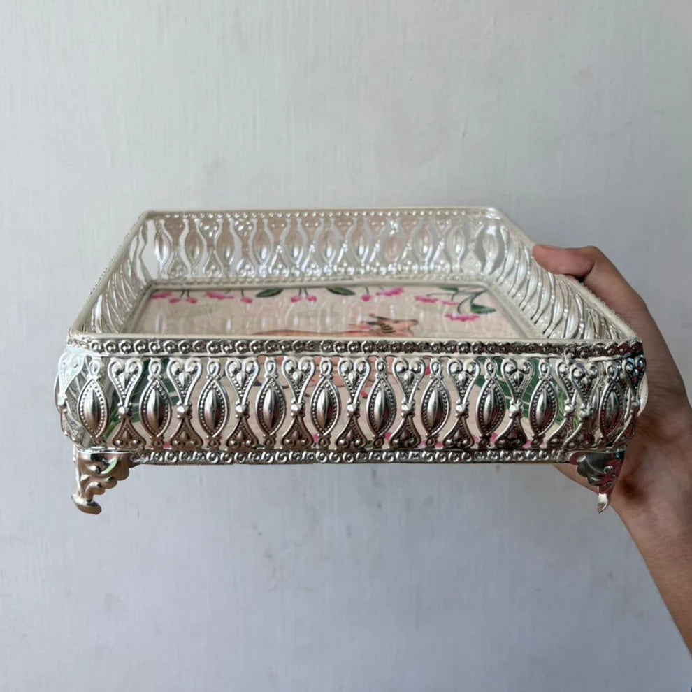 Silver Color Pichwai Tray 8 inches - Square (assorted)
